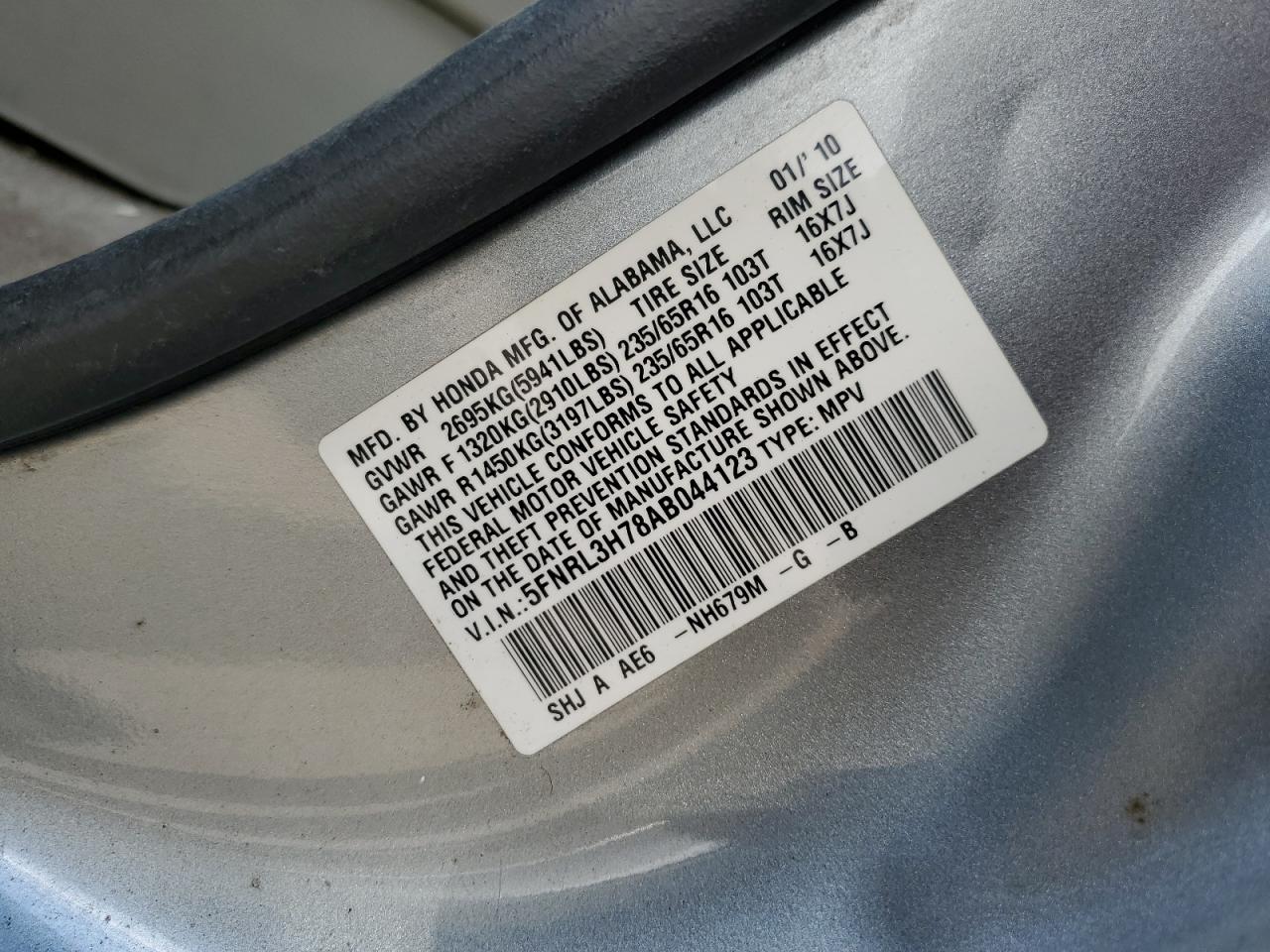 5FNRL3H78AB044123 2010 Honda Odyssey Exl