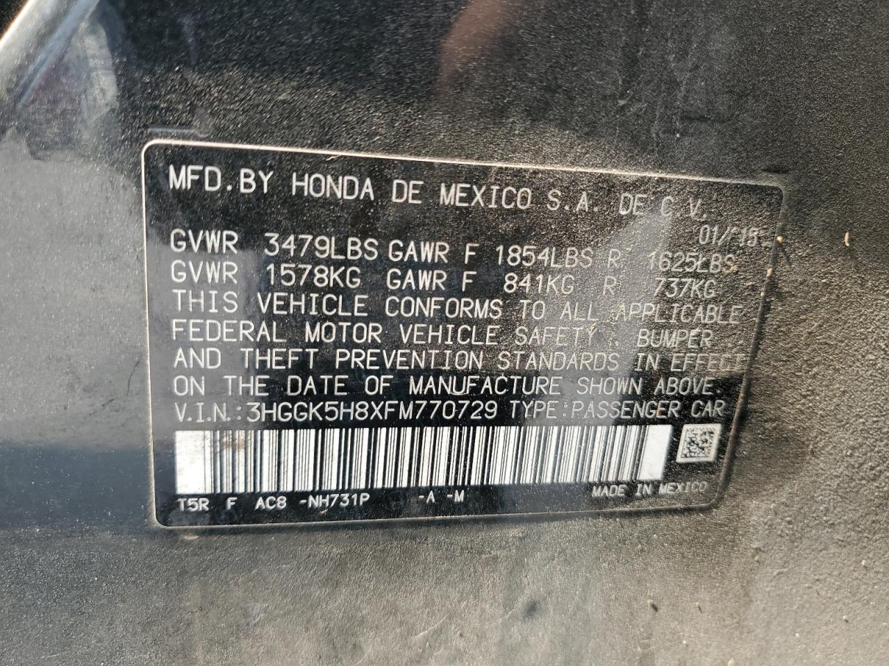 3HGGK5H8XFM770729 2015 Honda Fit Ex