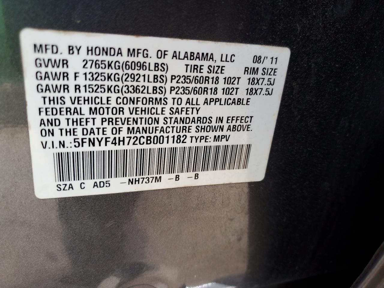 5FNYF4H72CB001182 2012 Honda Pilot Exln