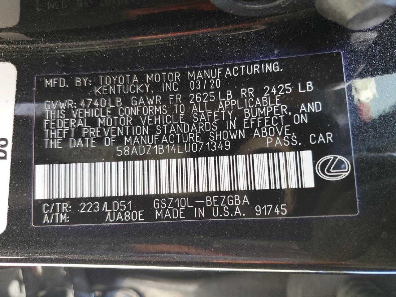 58ADZ1B14LU071349 2020 Lexus Es 350