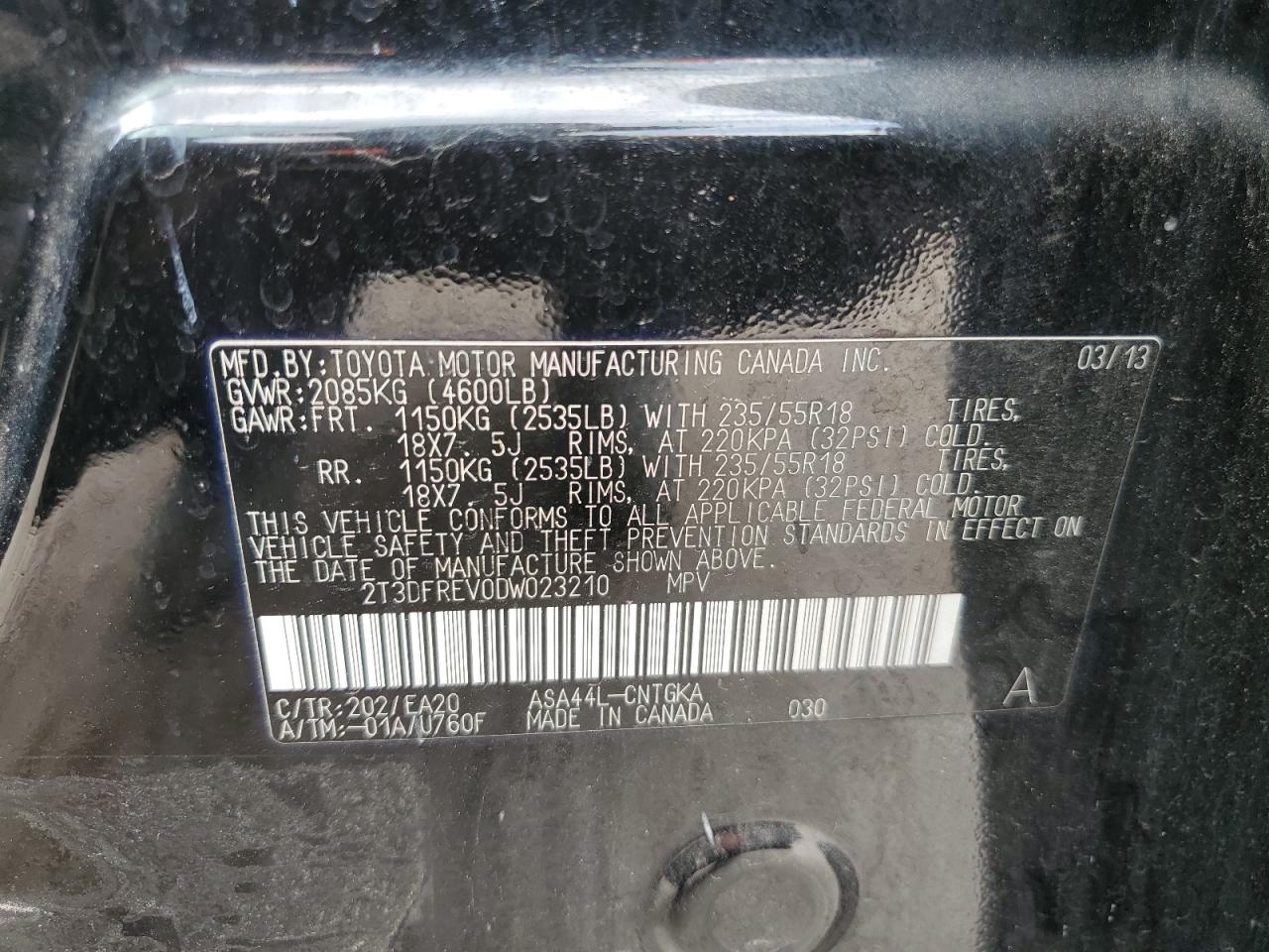 2T3DFREV0DW023210 2013 Toyota Rav4 Limited