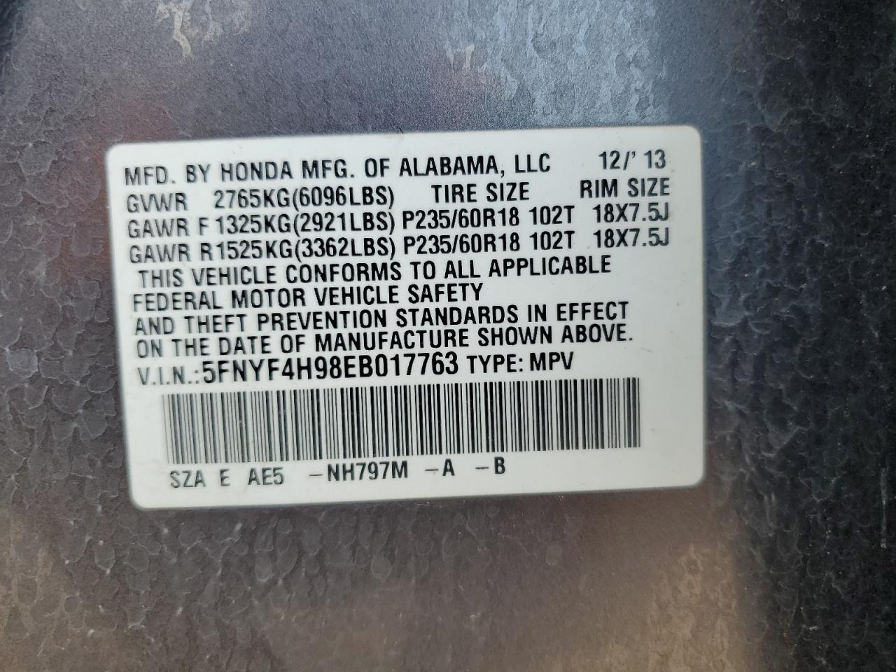 5FNYF4H98EB017763 2014 Honda Pilot Touring