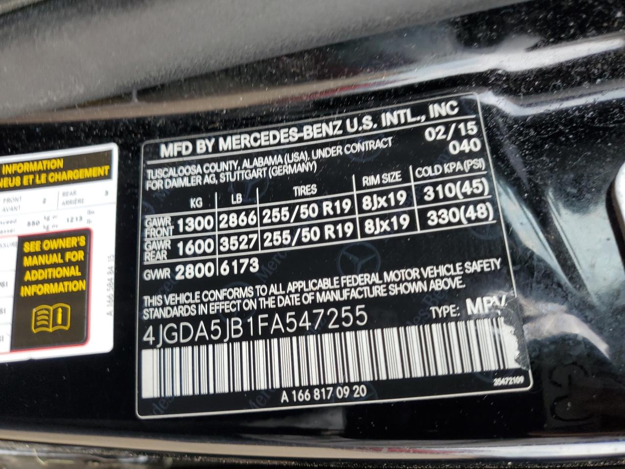 4JGDA5JB1FA547255 2015 Mercedes-Benz Ml 350