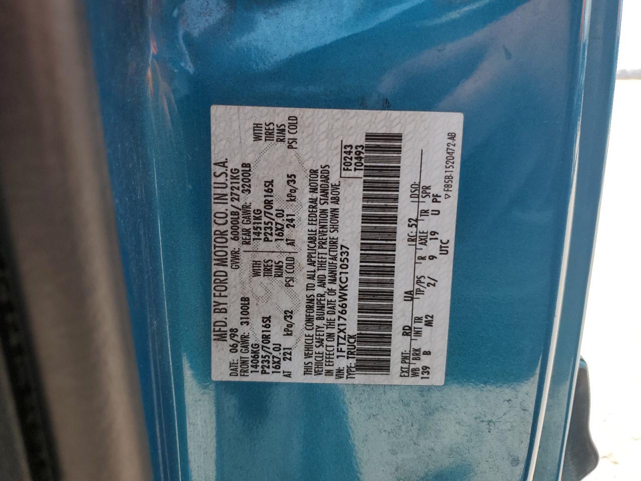 1FTZX1766WKC10537 1998 Ford F150