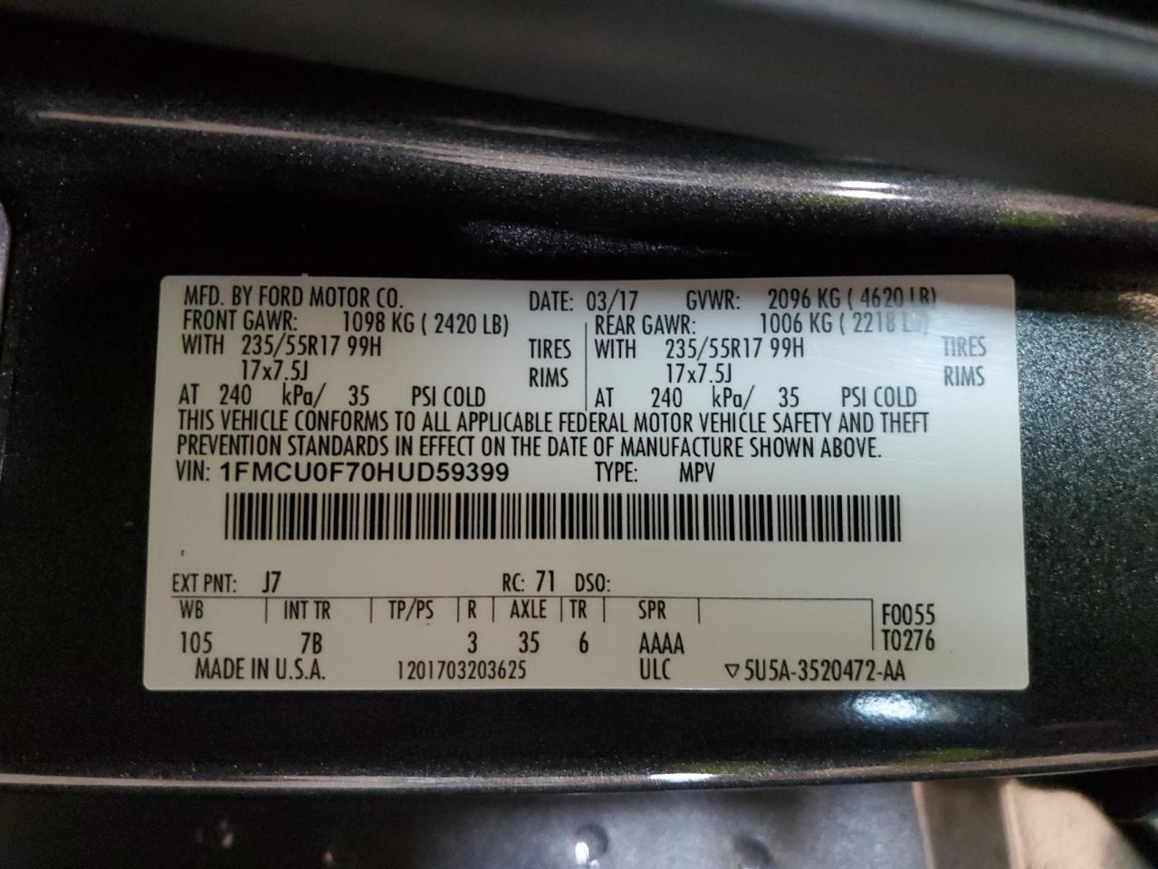 1FMCU0F70HUD59399 2017 Ford Escape S