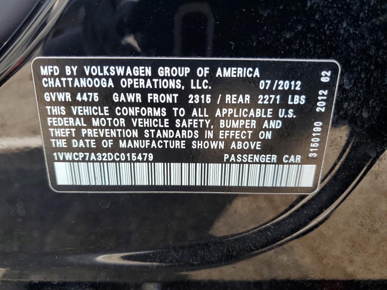 1VWCP7A32DC015479 2013 Volkswagen Passat Sel