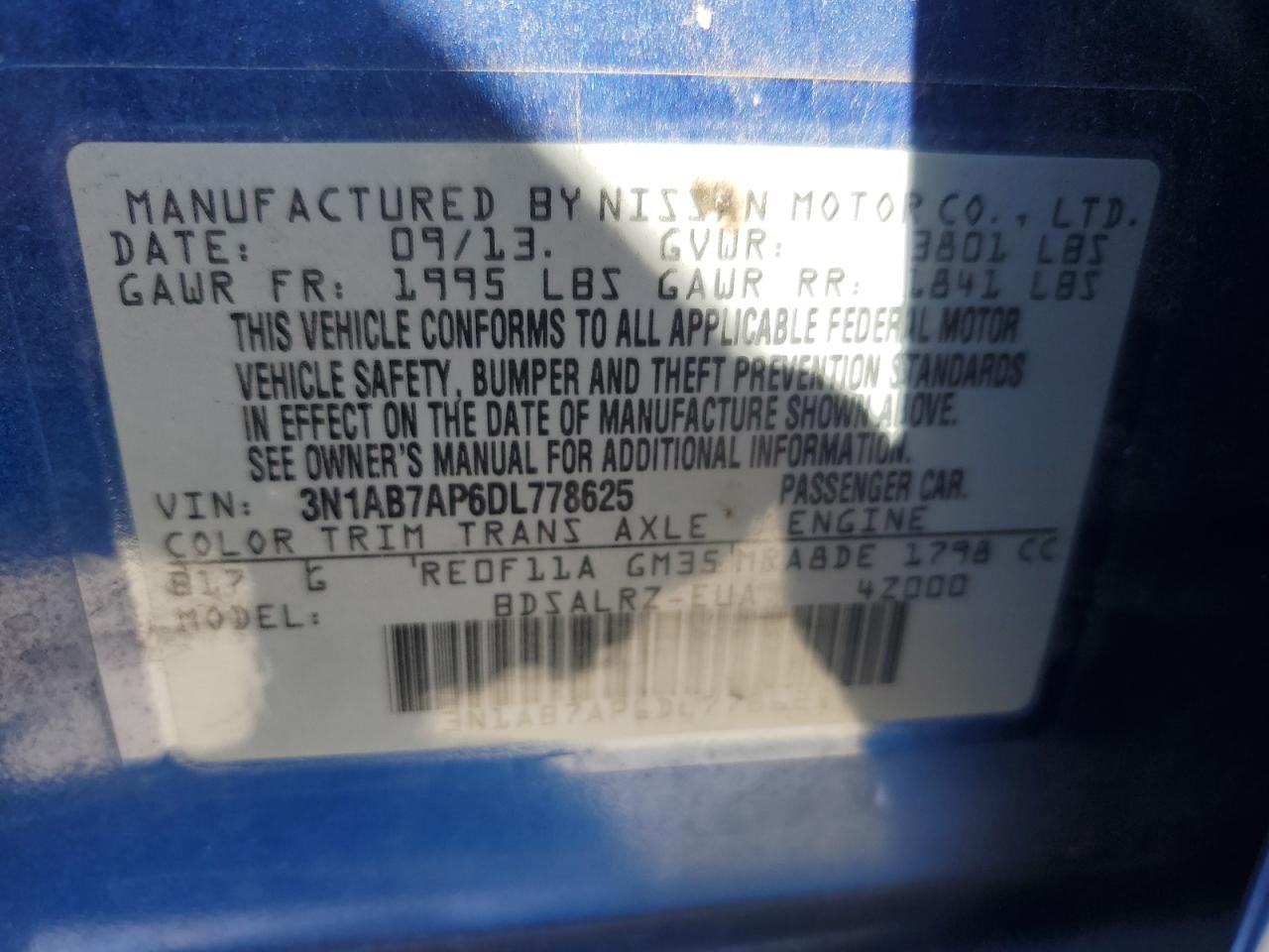 3N1AB7AP6DL778625 2013 Nissan Sentra S