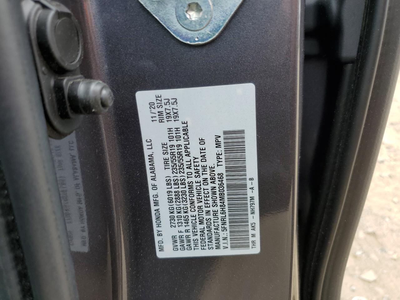 5FNRL6H84MB036468 2021 Honda Odyssey Touring