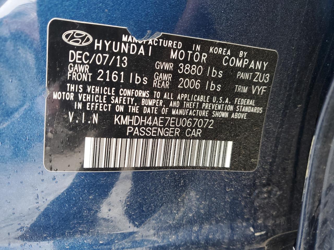 KMHDH4AE7EU067072 2014 Hyundai Elantra Se