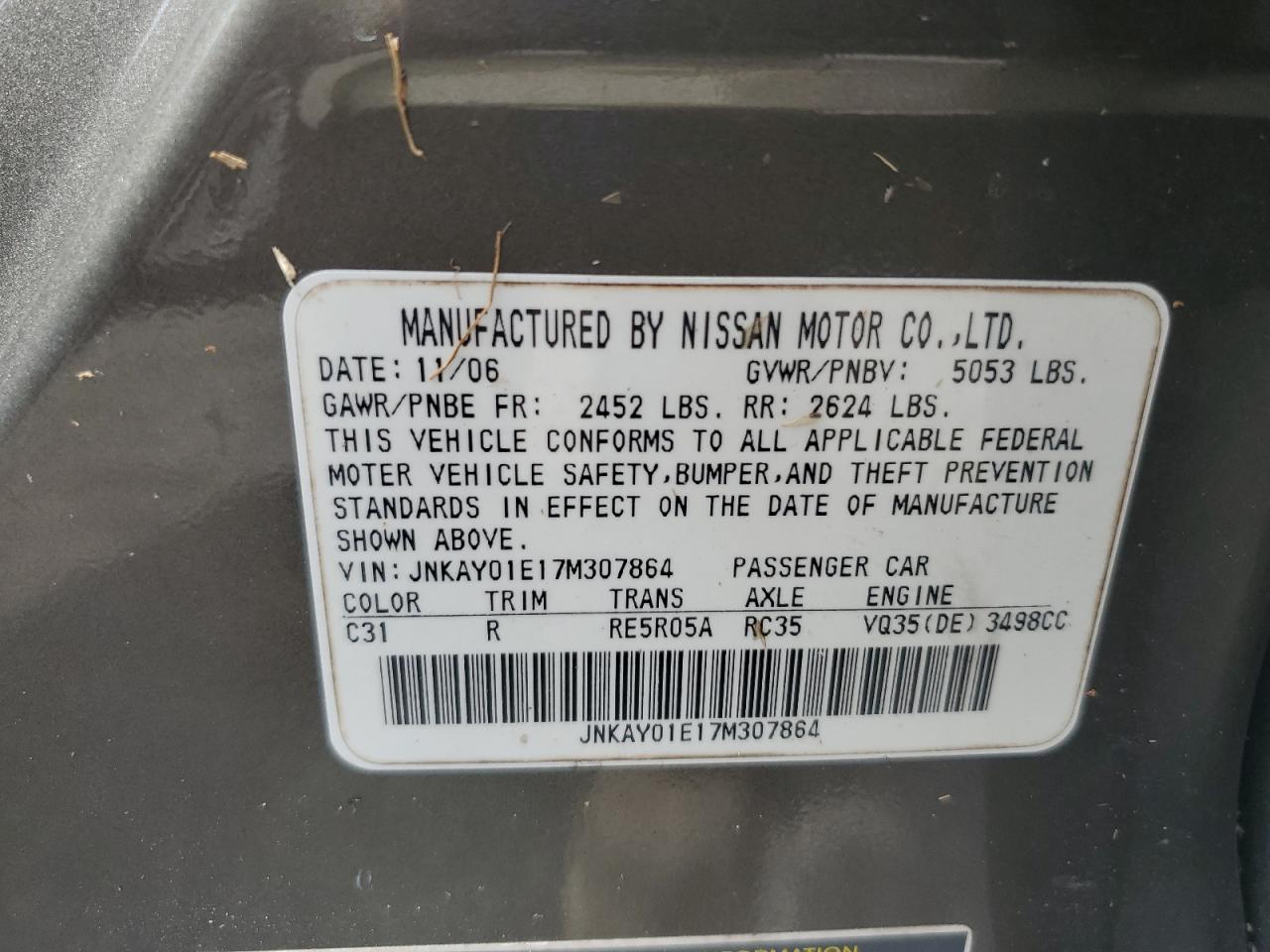 JNKAY01E17M307864 2007 Infiniti M35 Base