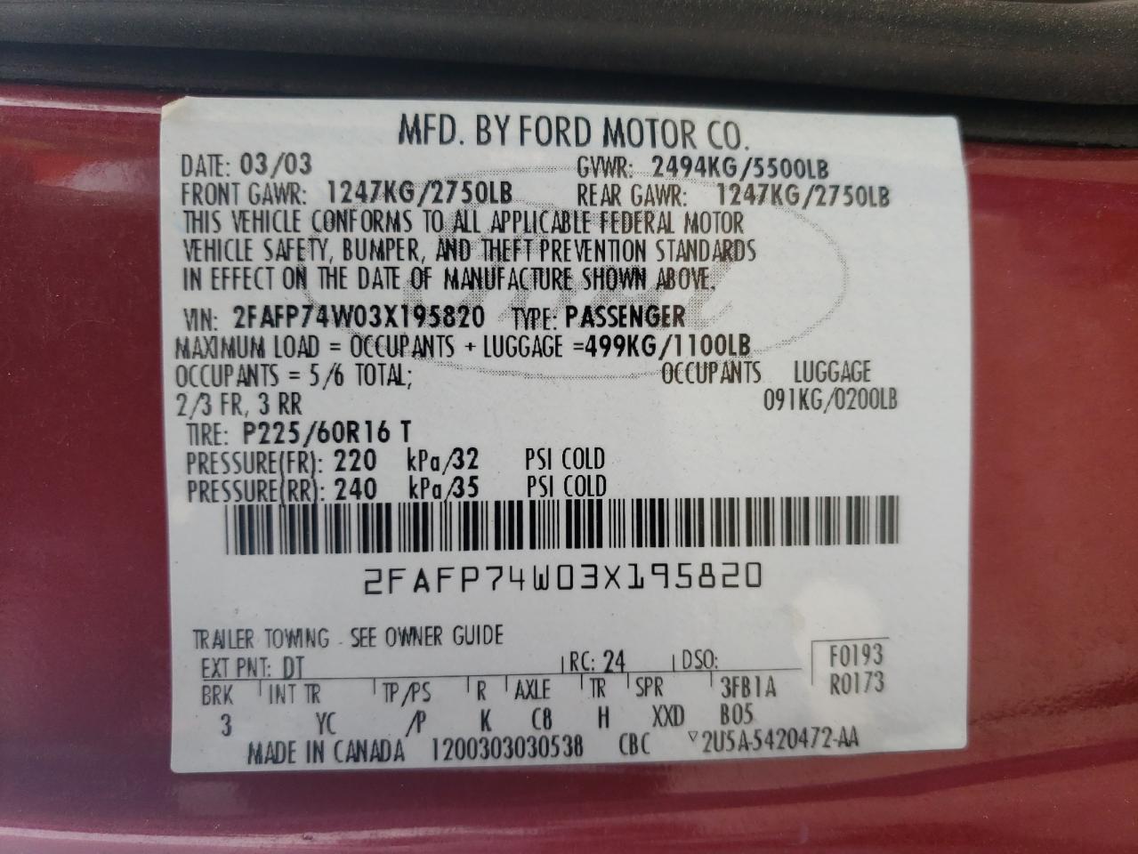 2FAFP74W03X195820 2003 Ford Crown Victoria Lx