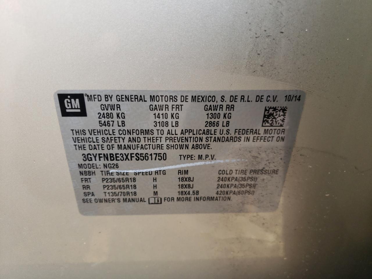 3GYFNBE3XFS561750 2015 Cadillac Srx Luxury Collection