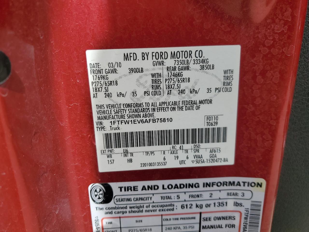 1FTFW1EV6AFB75810 2010 Ford F150 Supercrew