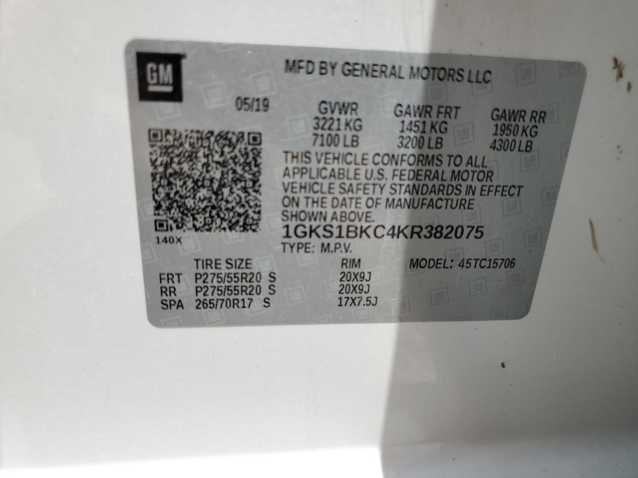 1GKS1BKC4KR382075 2019 GMC Yukon Slt