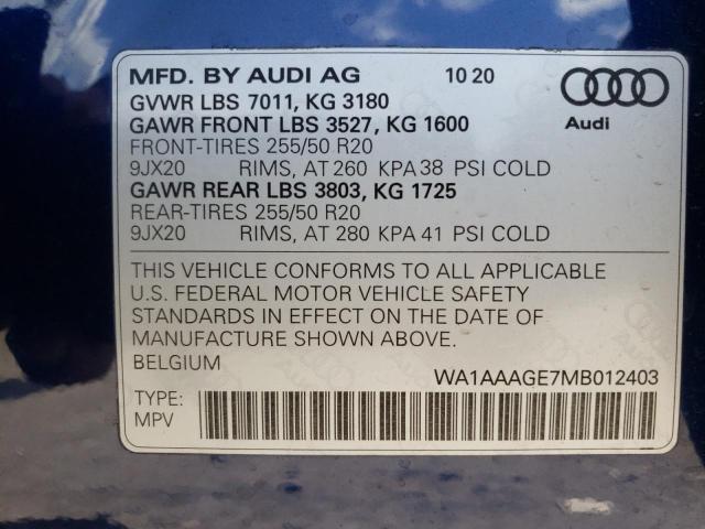 2021 Audi E-Tron Premium VIN: WA1AAAGE7MB012403 Lot: 57486554