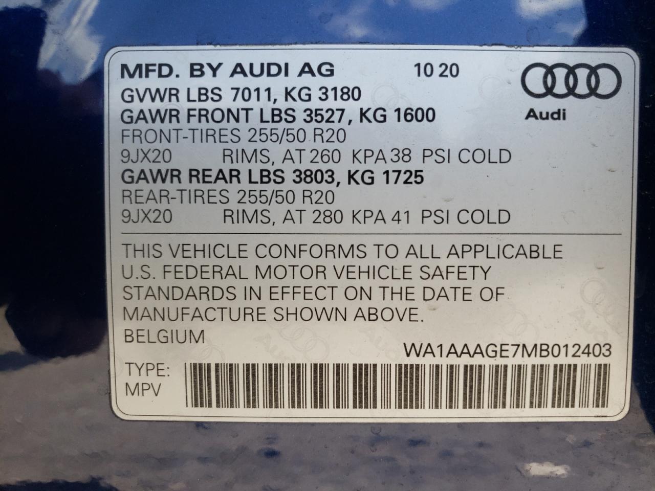 WA1AAAGE7MB012403 2021 Audi E-Tron Premium