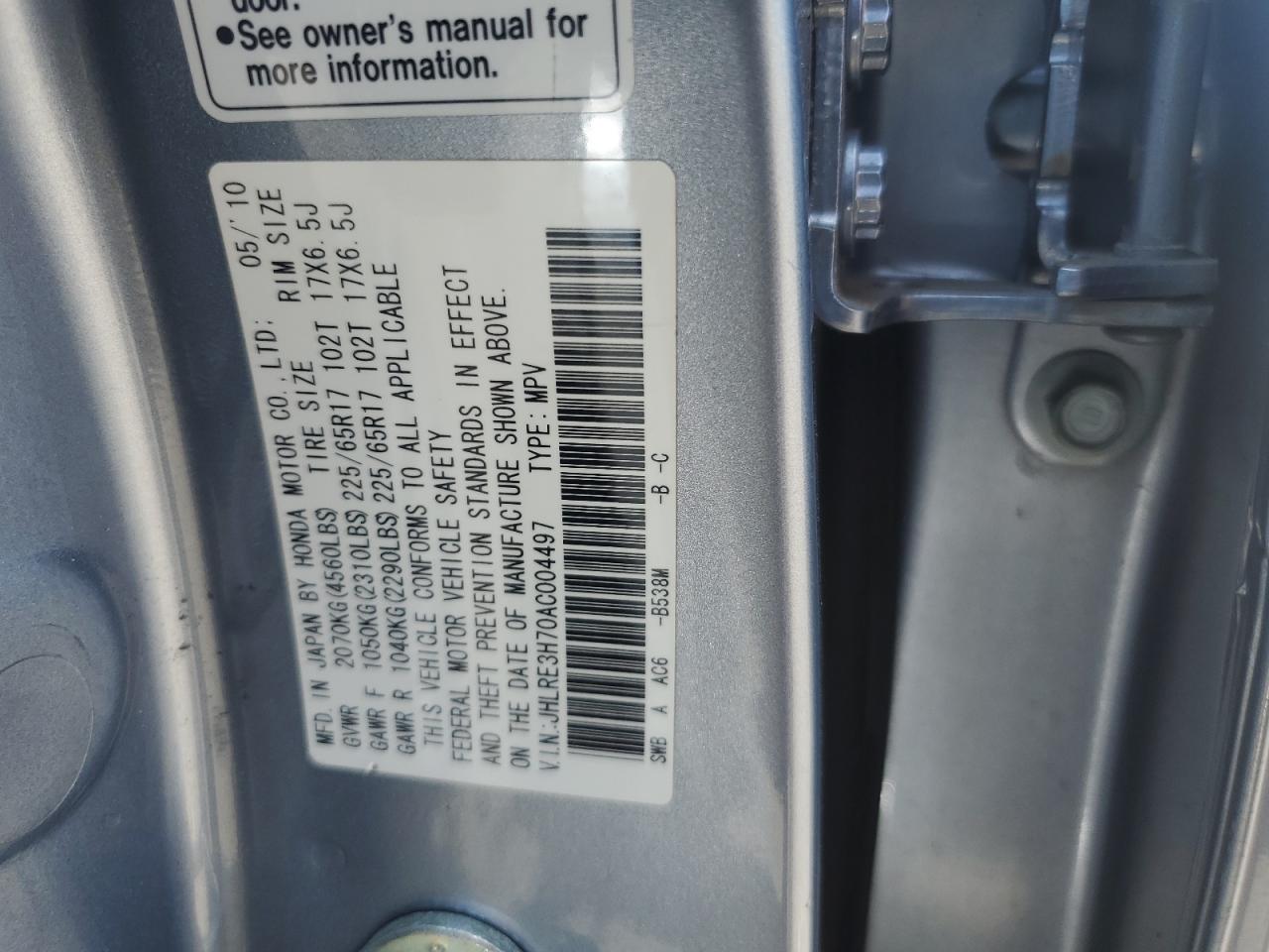 JHLRE3H70AC004497 2010 Honda Cr-V Exl