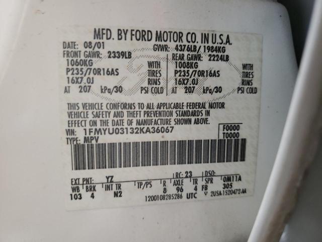 2002 Ford Escape Xlt VIN: 1FMYU03132KA36067 Lot: 58337824