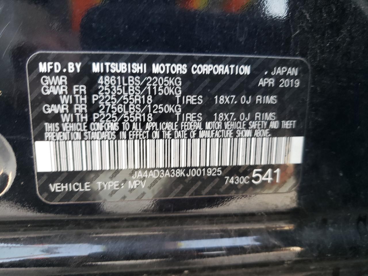 JA4AD3A38KJ001925 2019 Mitsubishi Outlander Se