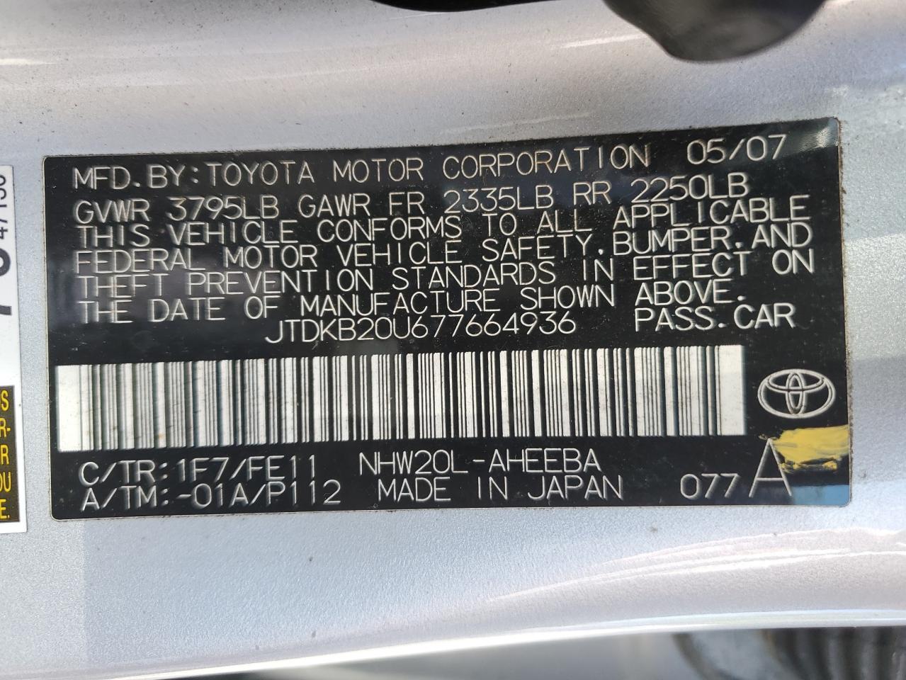 JTDKB20U677664936 2007 Toyota Prius