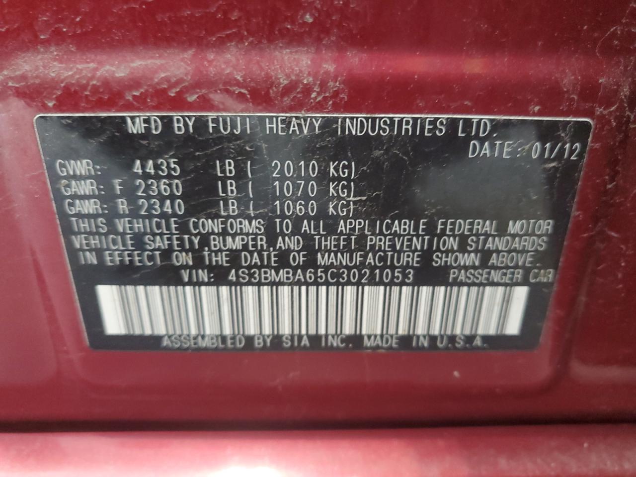 4S3BMBA65C3021053 2012 Subaru Legacy 2.5I