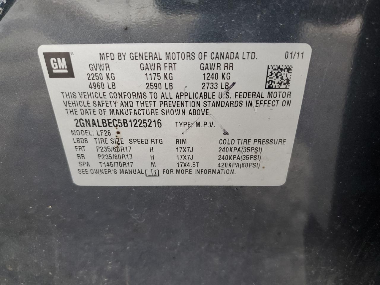 2GNALBEC5B1225216 2011 Chevrolet Equinox Ls