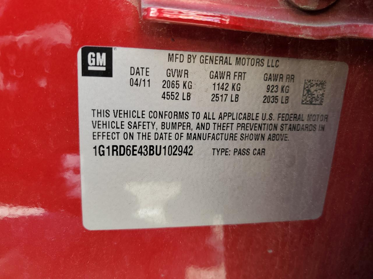 1G1RD6E43BU102942 2011 Chevrolet Volt