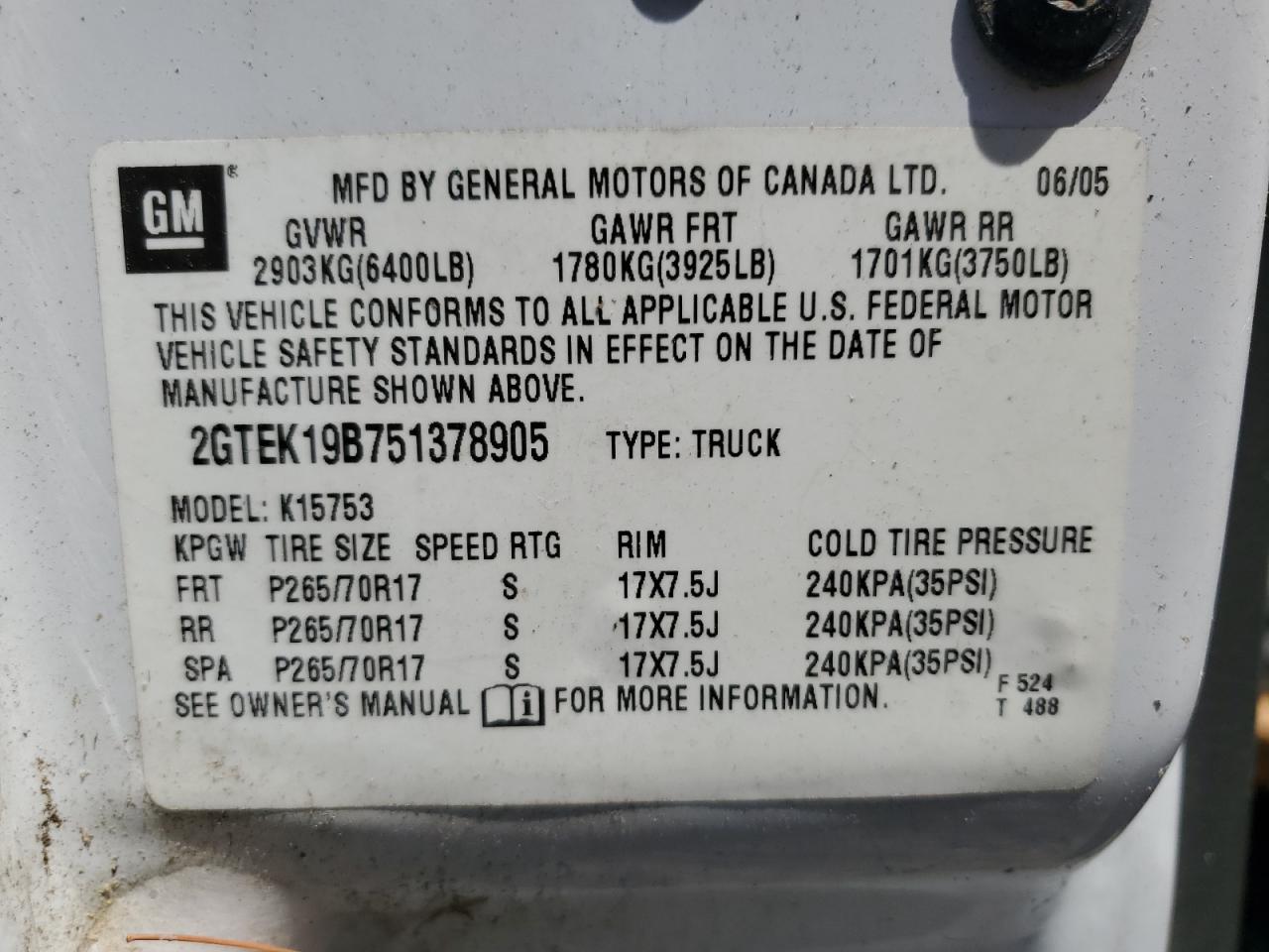 2GTEK19B751378905 2005 GMC New Sierra K1500