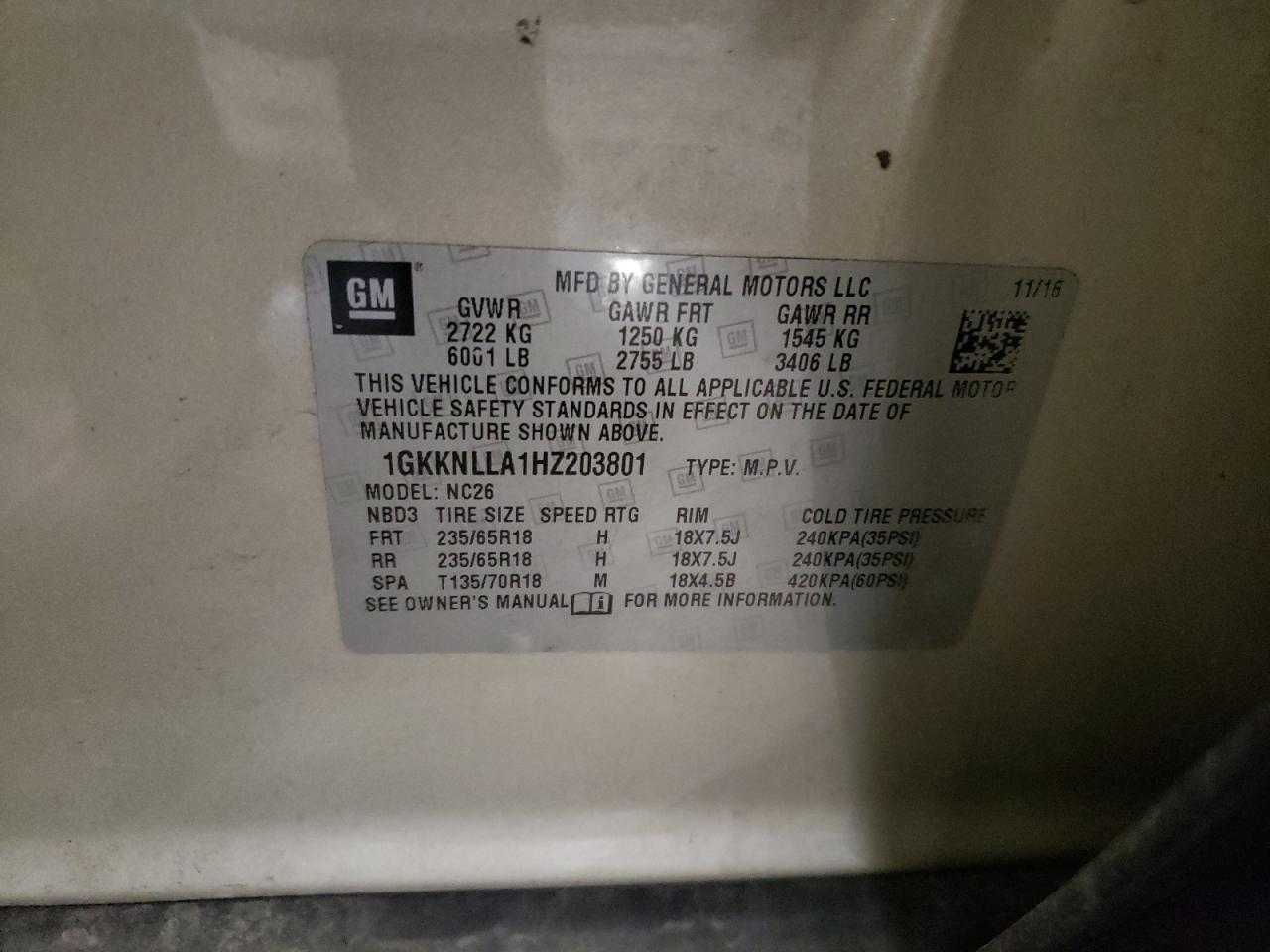 1GKKNLLA1HZ203801 2017 GMC Acadia Sle