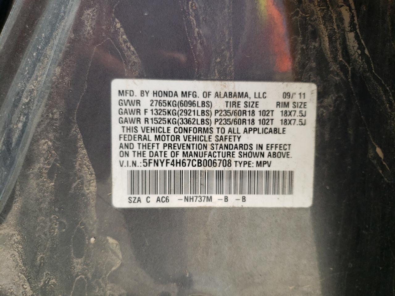 5FNYF4H67CB006708 2012 Honda Pilot Exl