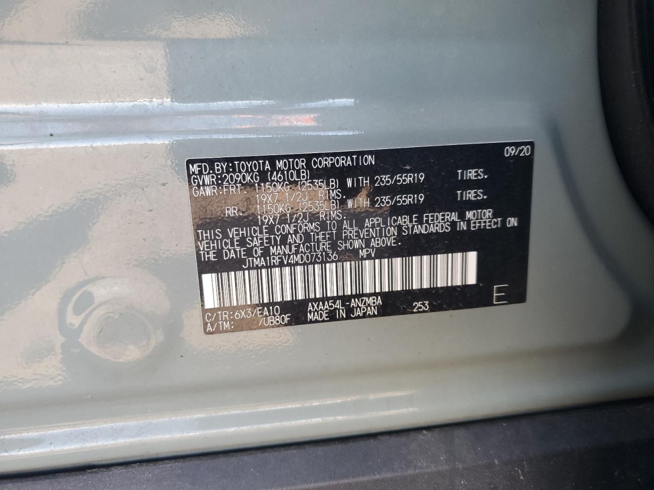 JTMA1RFV4MD073136 2021 Toyota Rav4 Xle Premium