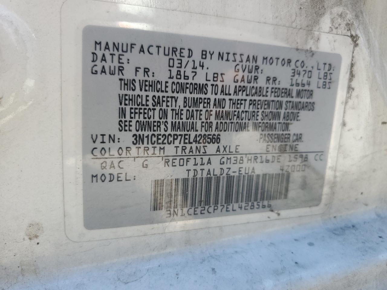 3N1CE2CP7EL428566 2014 Nissan Versa Note S