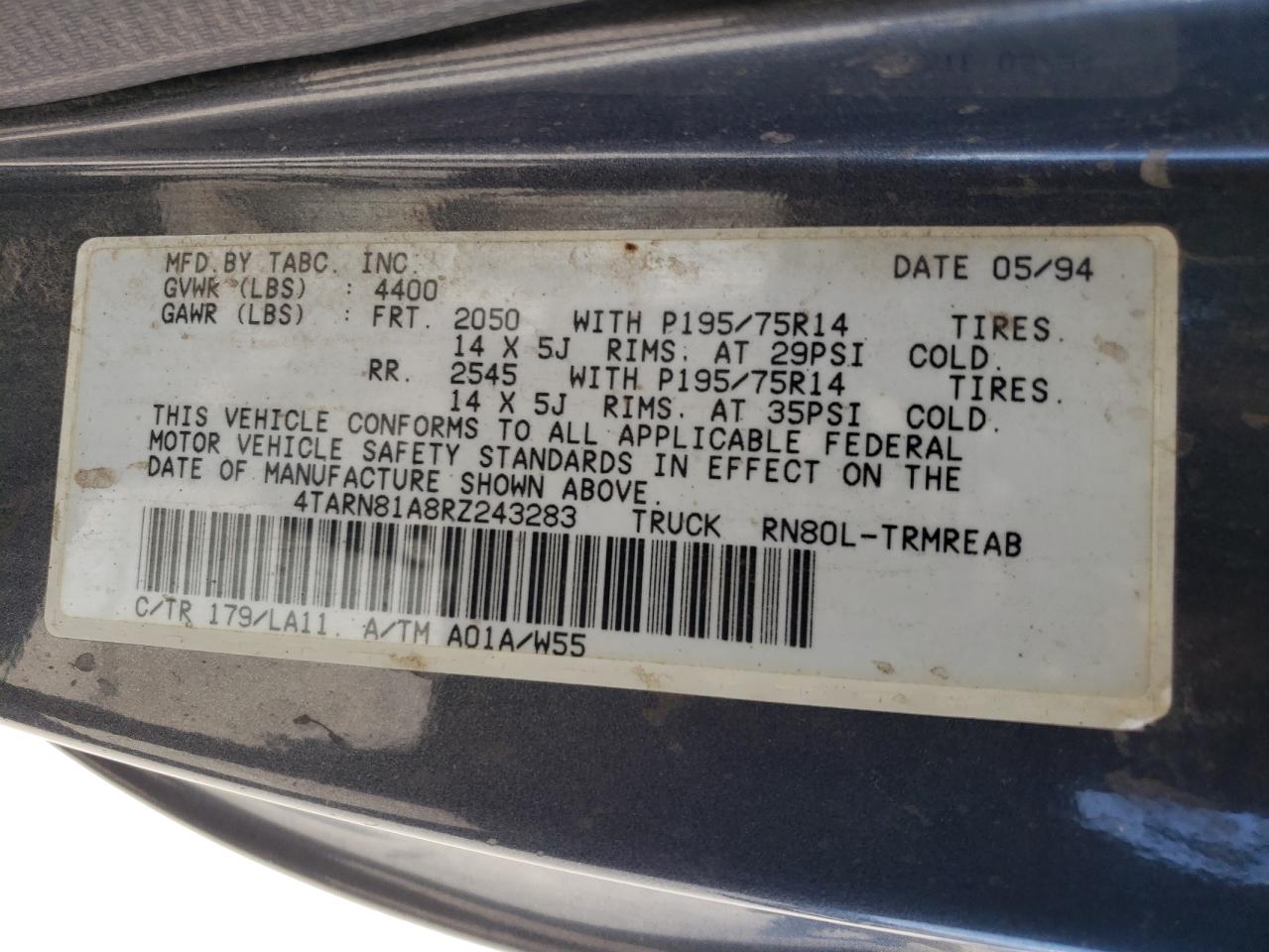 4TARN81A8RZ243283 1994 Toyota Pickup 1/2 Ton Short Wheelbase Stb