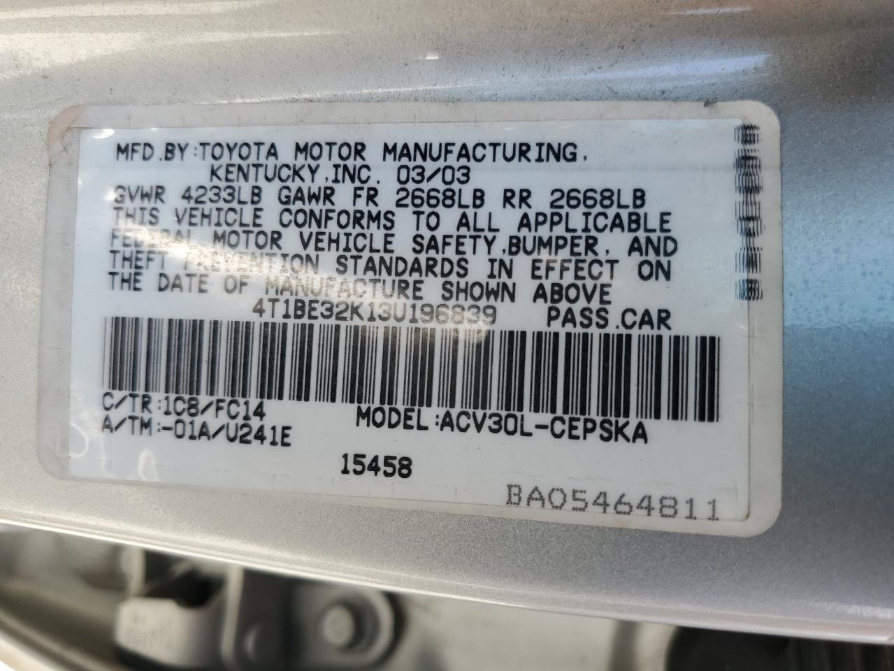 4T1BE32K13U196839 2003 Toyota Camry Le