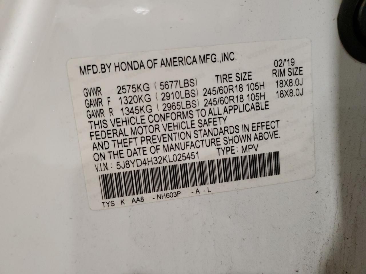 5J8YD4H32KL025451 2019 Acura Mdx