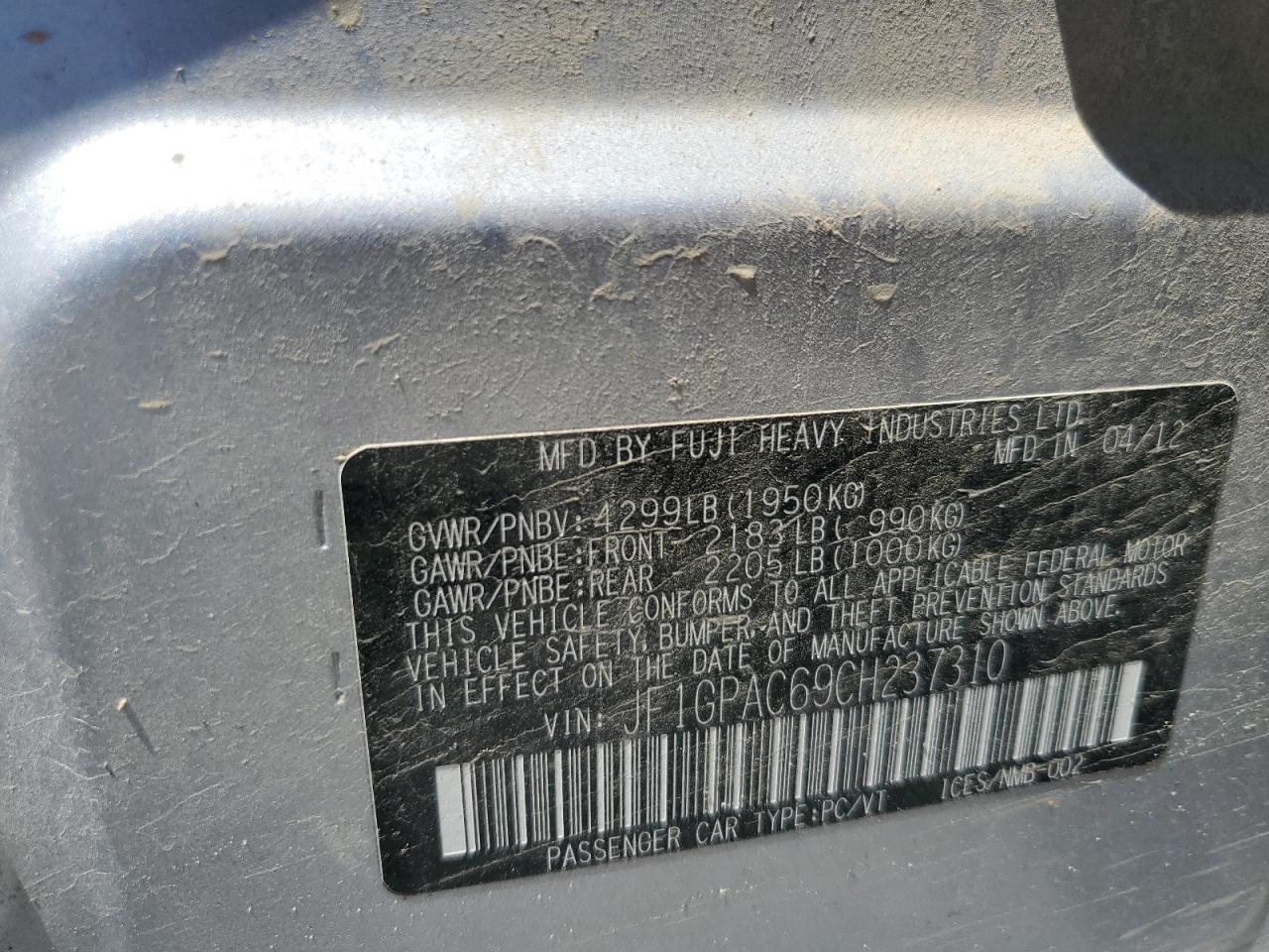 JF1GPAC69CH237310 2012 Subaru Impreza Premium