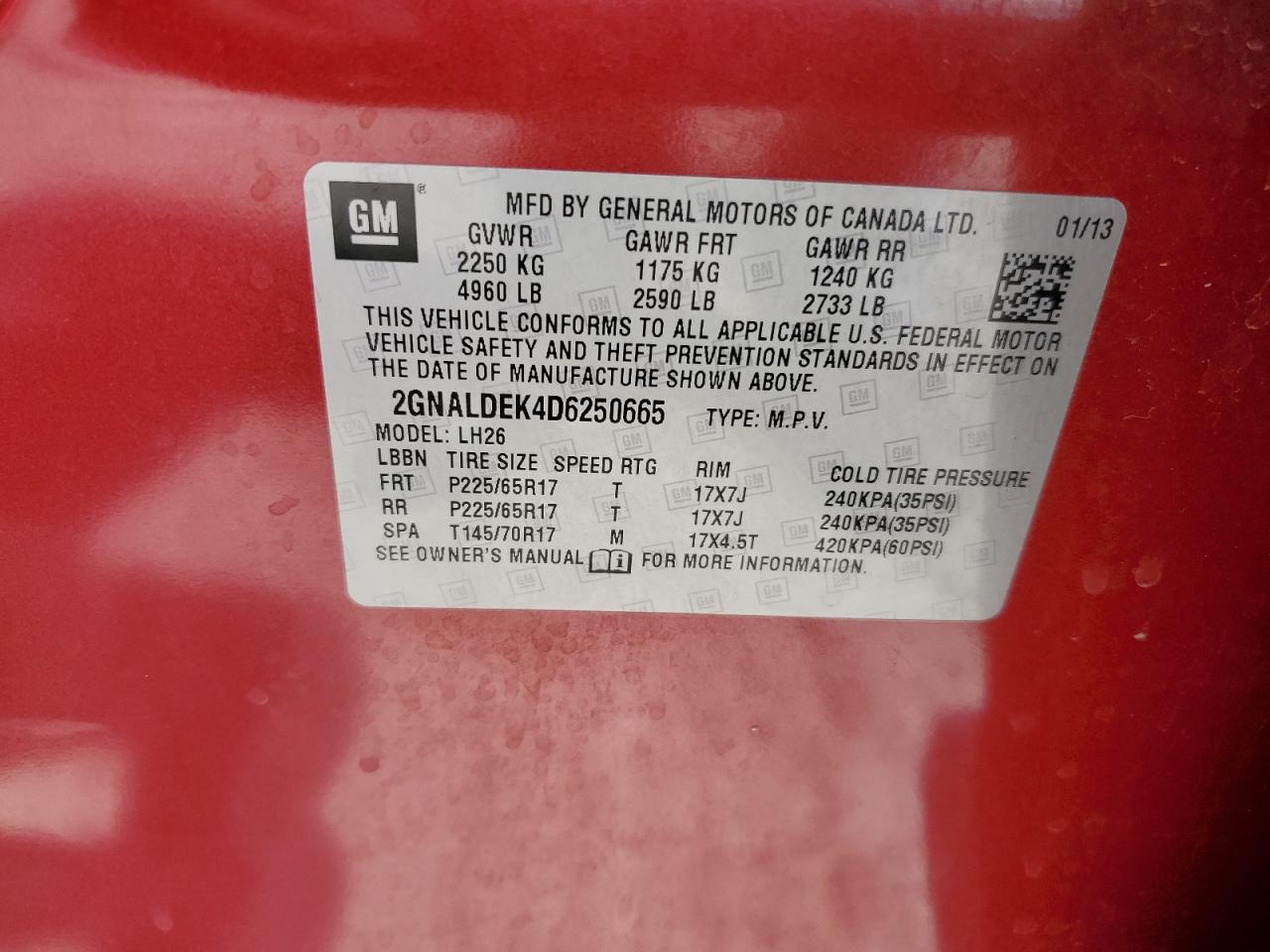 2GNALDEK4D6250665 2013 Chevrolet Equinox Lt