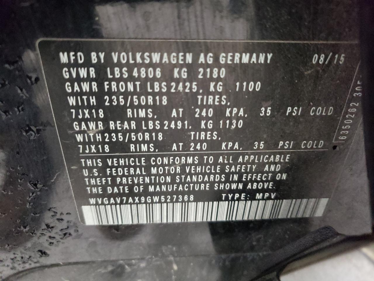 WVGAV7AX9GW527368 2016 Volkswagen Tiguan S