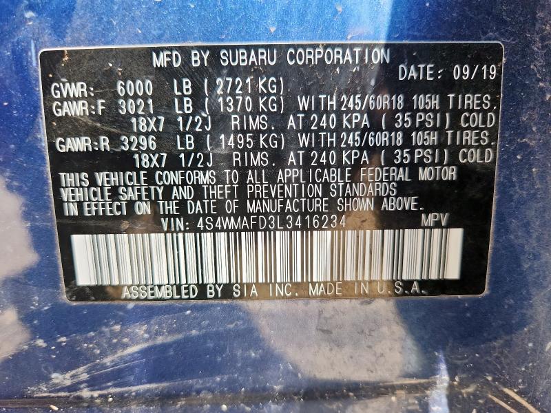 2020 SUBARU ASCENT PRE 4S4WMAFD3L3416234
