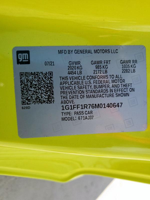 2021 CHEVROLET CAMARO LZ 1G1FF1R76M0140647