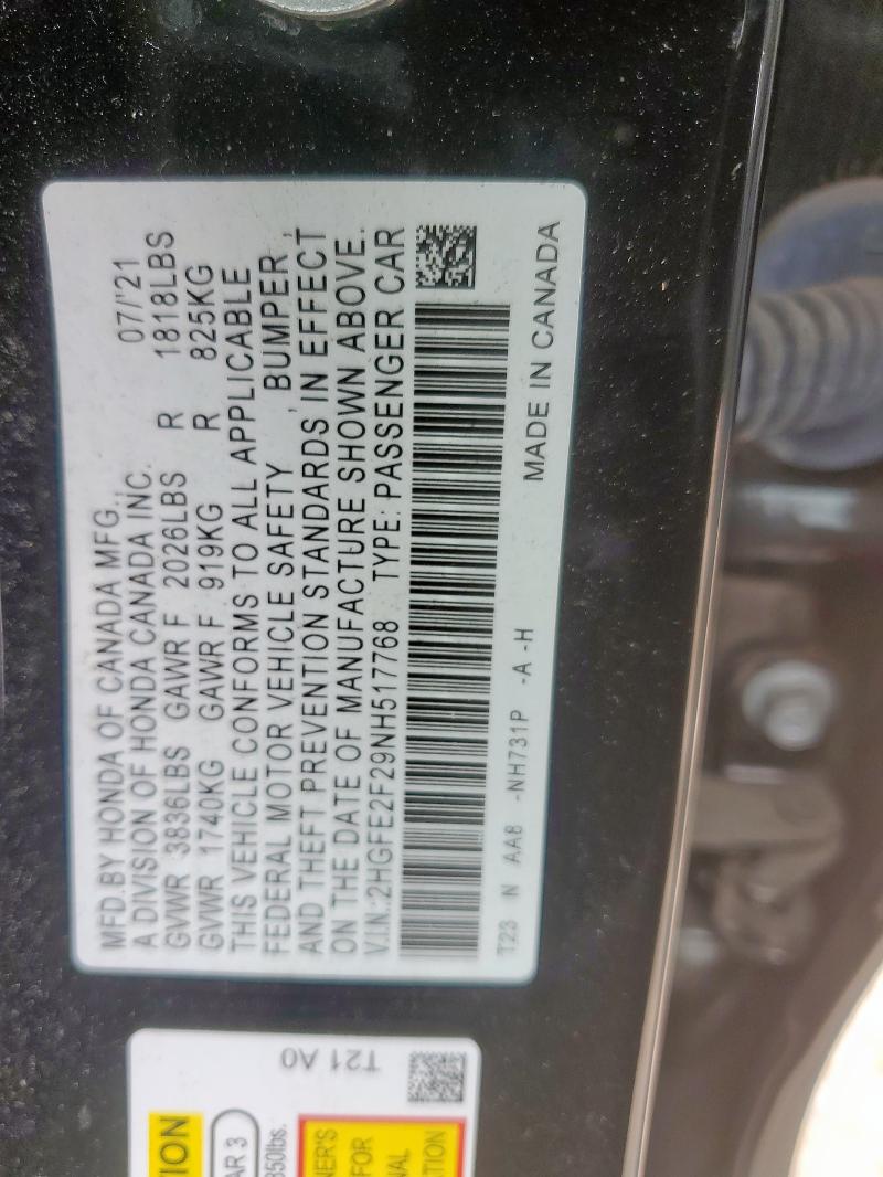 2022 HONDA CIVIC LX 2HGFE2F29NH517768