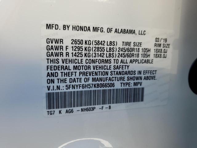 2019 HONDA PILOT EXL 5FNYF6H57KB066506