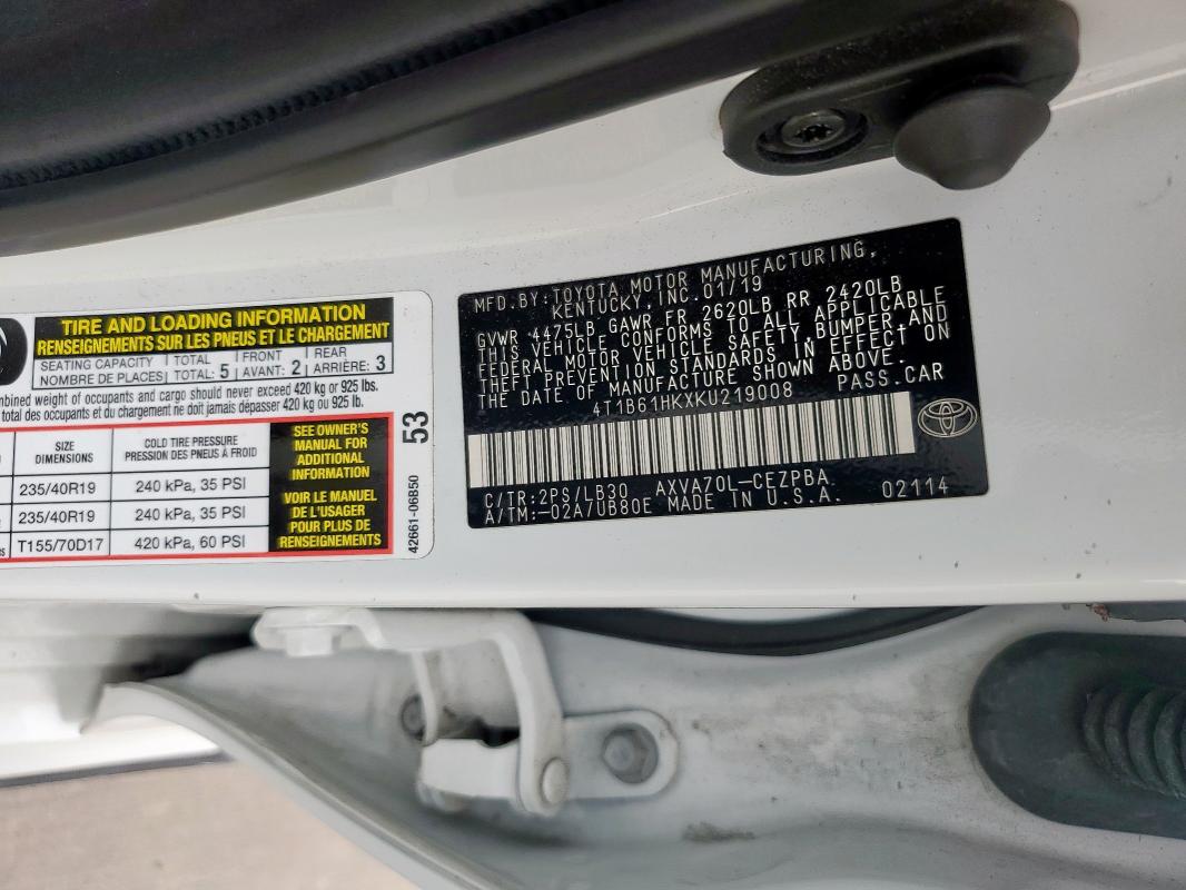 2019 TOYOTA CAMRY XSE - 4T1B61HKXKU219008