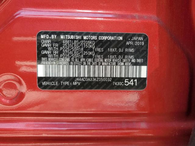 2019 MITSUBISHI OUTLANDER JA4AD3A33KZ050032