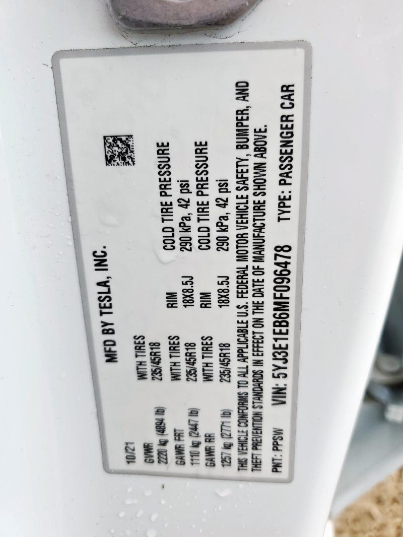 2021 TESLA MODEL 3 5YJ3E1EB6MF096478