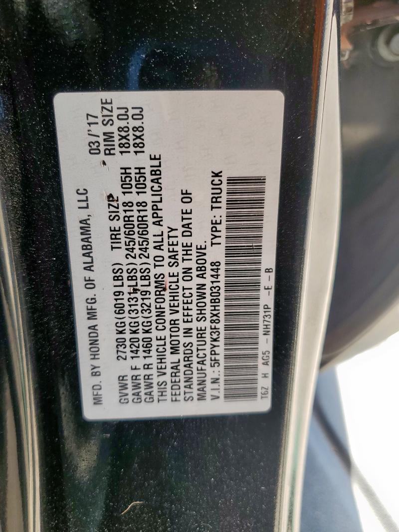 2017 HONDA RIDGELINE 5FPYK3F8XHB031448
