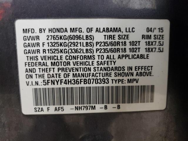2015 HONDA PILOT SE 5FNYF4H36FB070393