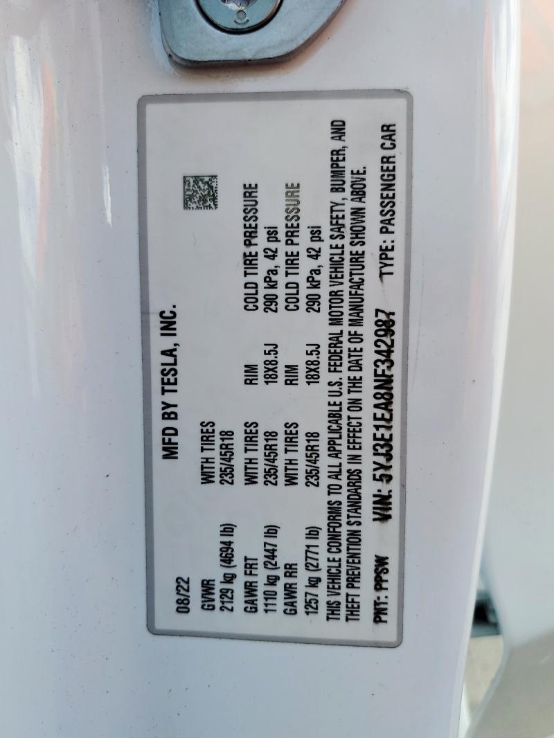 2022 TESLA MODEL 3 - 5YJ3E1EA8NF342987