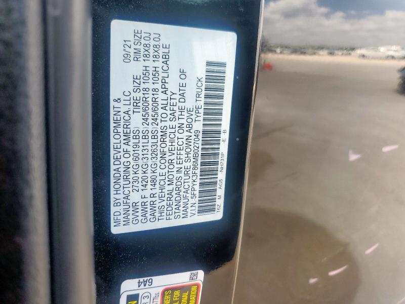 2021 HONDA RIDGELINE 5FPYK3F86MB027049
