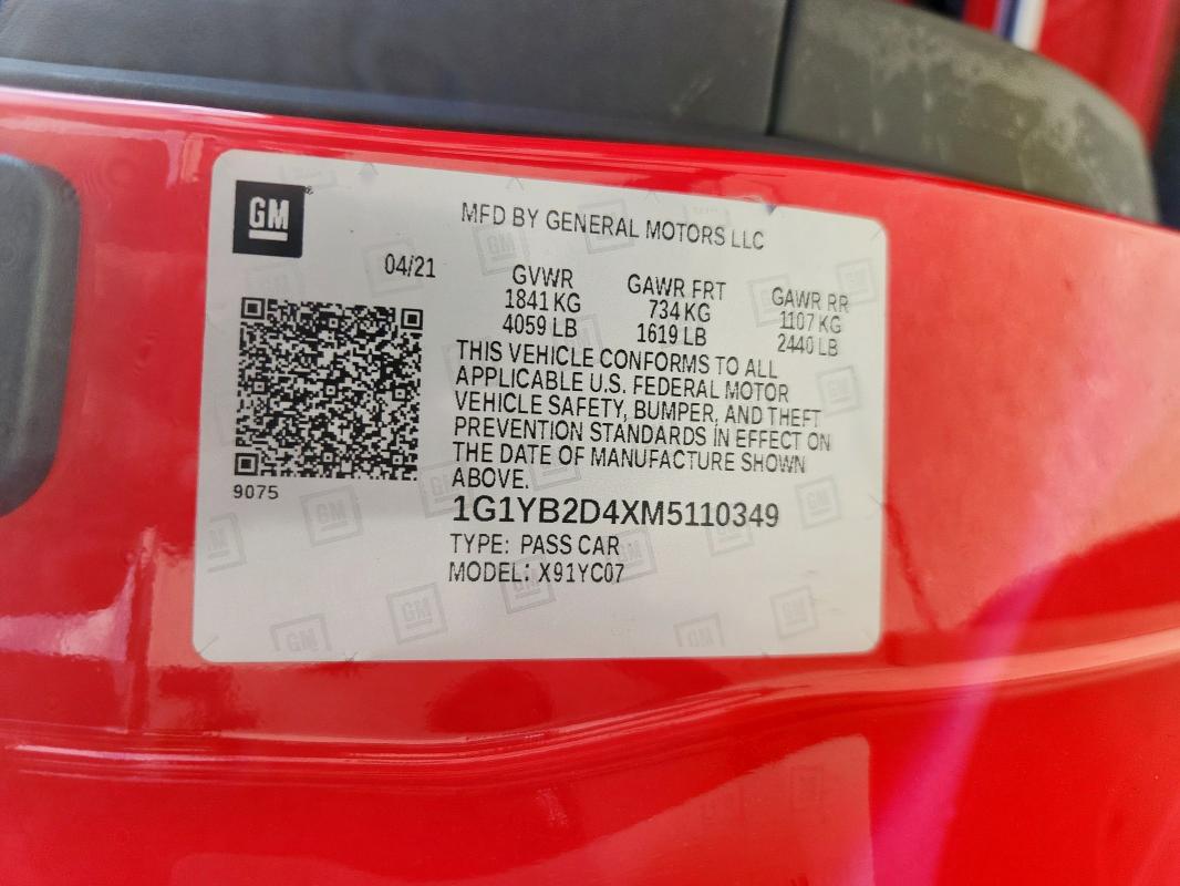 2021 CHEVROLET CORVETTE STINGRAY 2LT 1G1YB2D4XM5110349